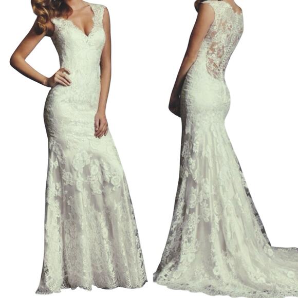 Allure Bridal Style 9068 Mermaid Style Sheer Back Lace Gown Ivory Size 4 - Picture 6 of 11